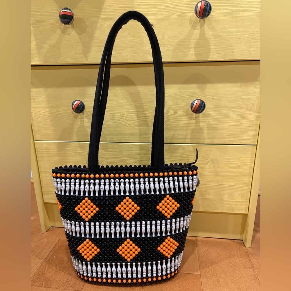 African Kenyan beaded handmade handbag tote BLACK orange white